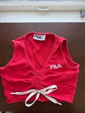 FILA Red Ruched V-Neck Cropped Tank with Drawstring